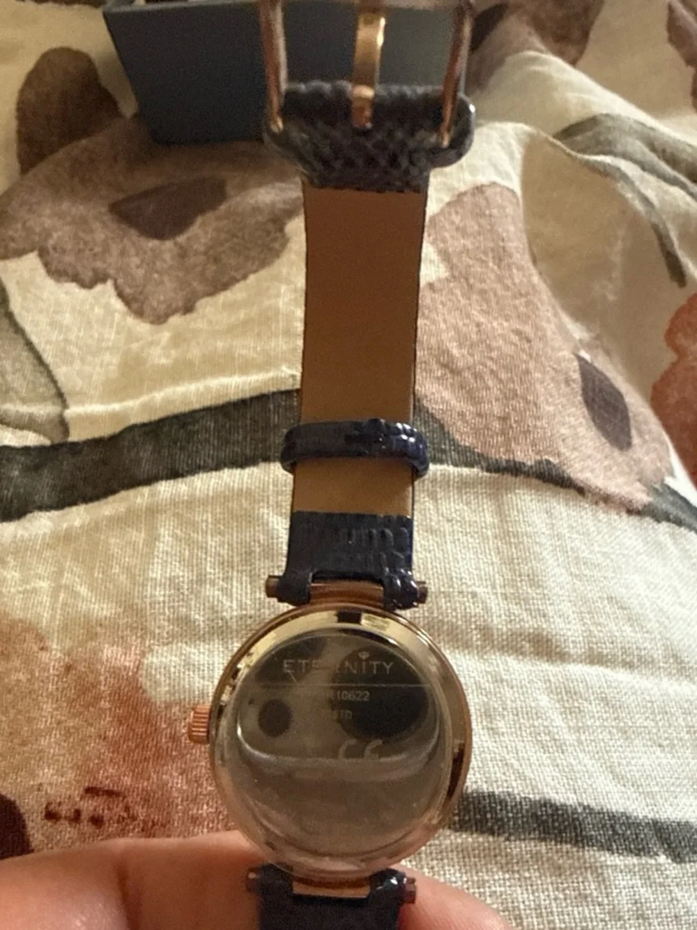 Rose Gold Case Navy Leather Strap Watch with Crystal Accents